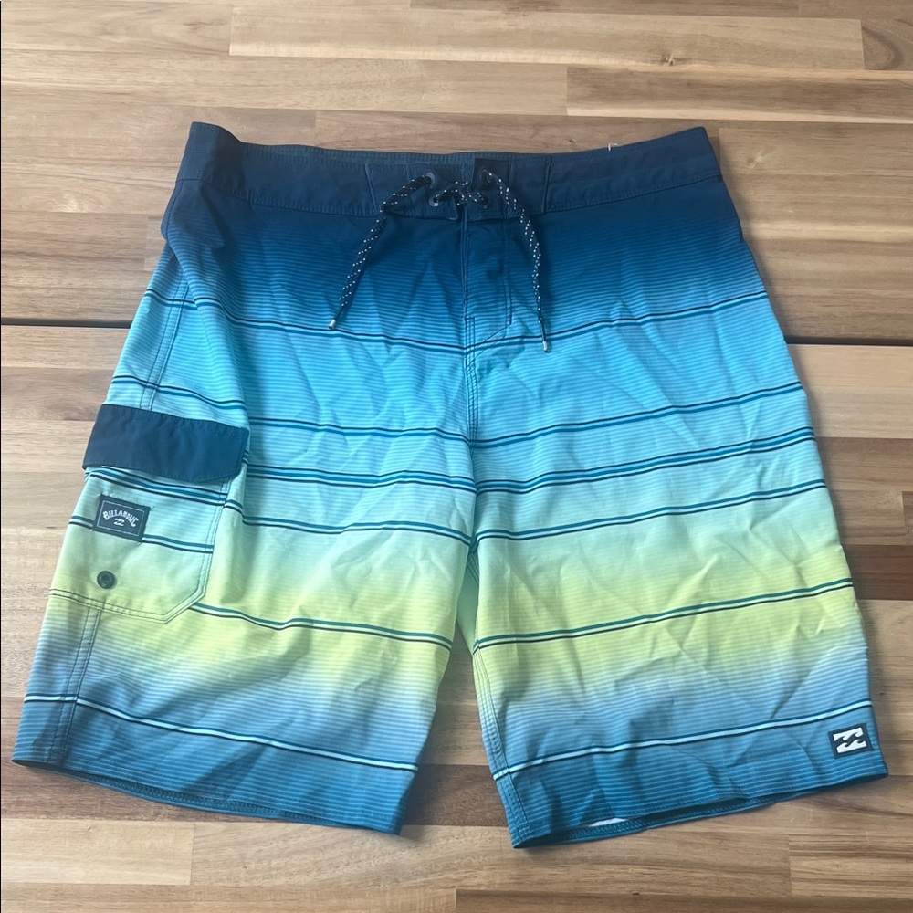 Billabong Blue and Yellow Striped Board Shorts